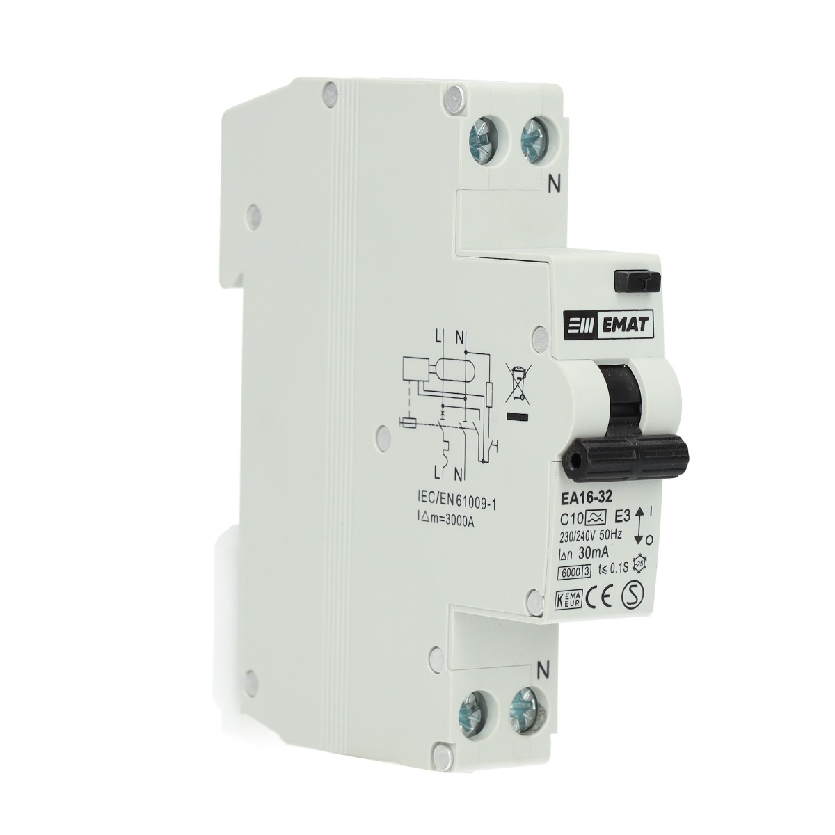Miniatuur van EMAT differentieelautomaat 1-polig+nul 10A C-curve 30mA (85006003)