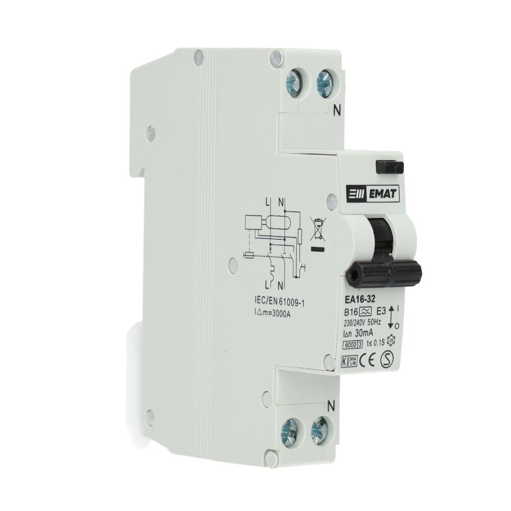 Miniatuur van EMAT differentieelautomaat 1-polig+nul 16A B-curve 30mA (85006004)