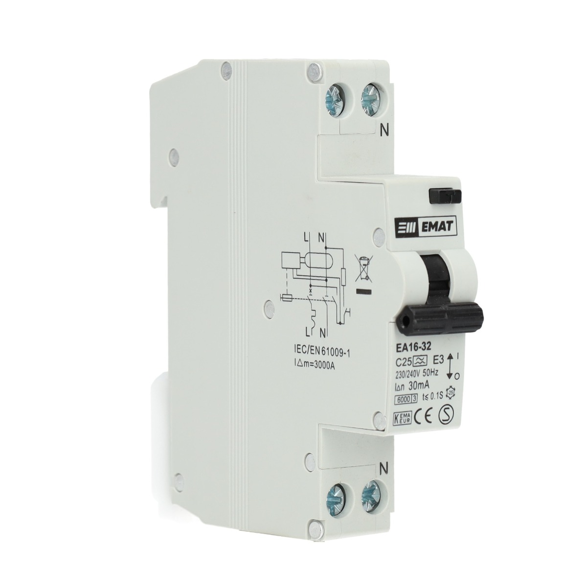 Miniatuur van EMAT differentieelautomaat 1-polig+nul 25A C-curve 30mA (85006009)