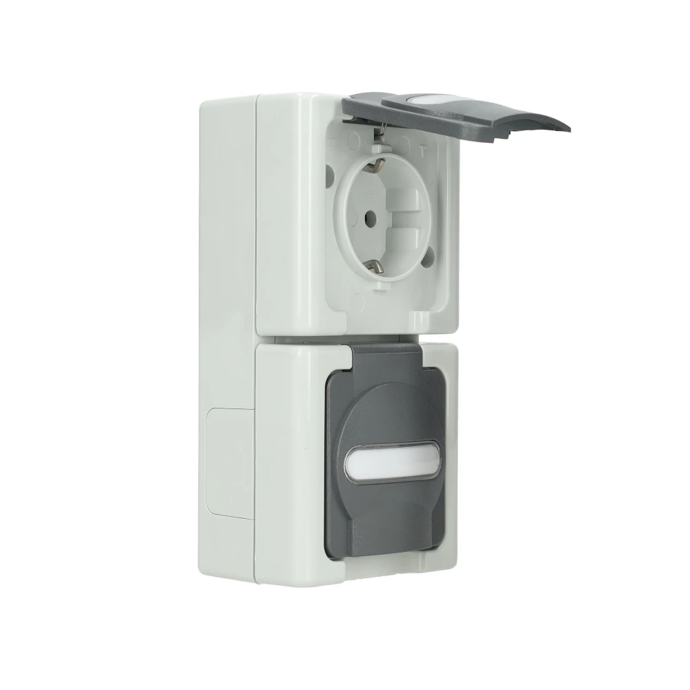 Miniatuur van Kopp Kopp blue electric stopcontact IP44 verticaal met deksel en randaarde 2-voudig opbouw grijs (131456008)