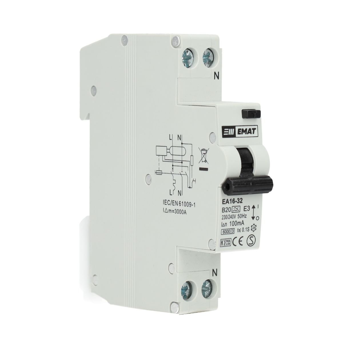 Miniatuur van EMAT differentieelautomaat 1-polig+nul 20A B-curve 100mA (85006014)