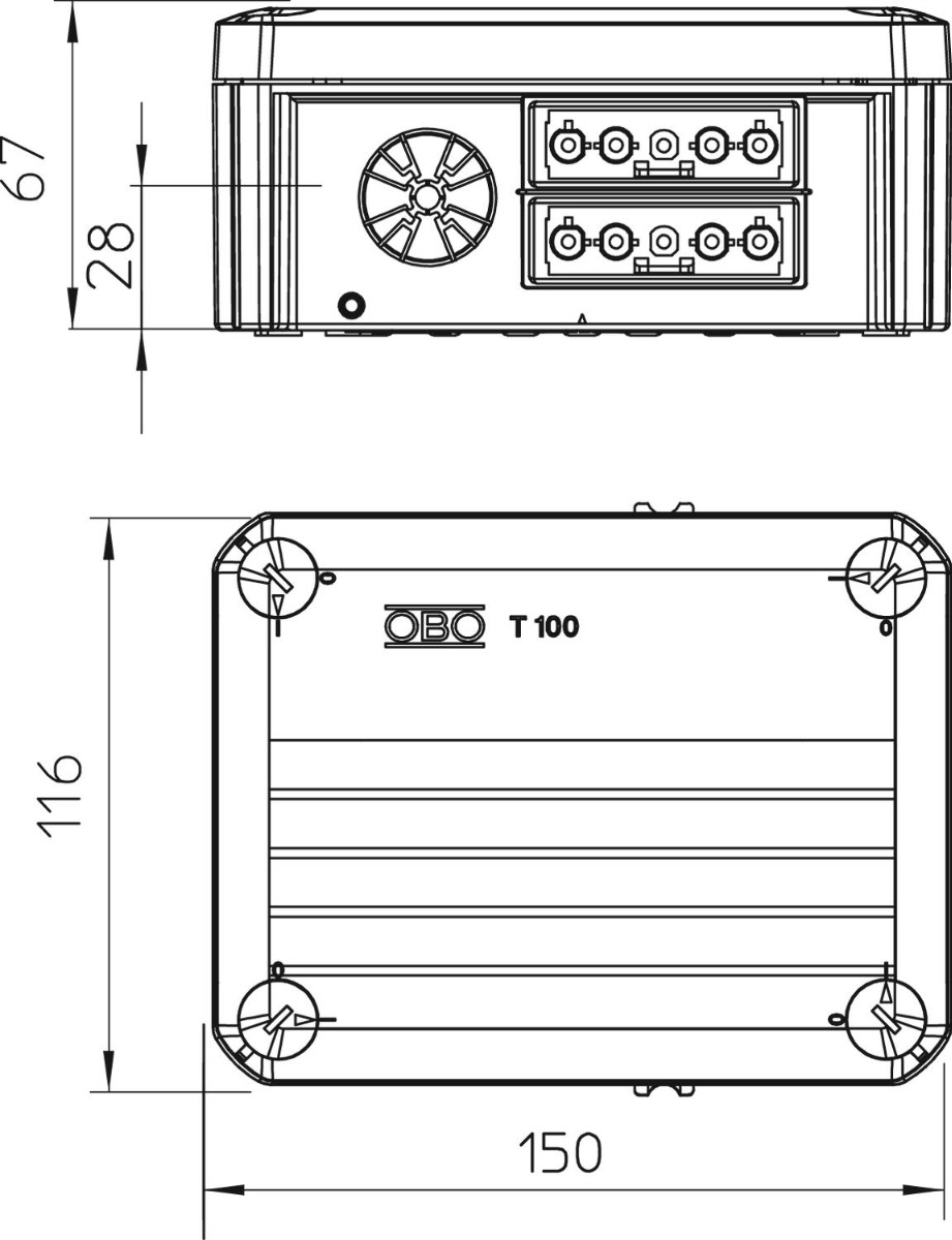 Miniatuur van OBO kabelaftakdoos met Wielandconnectoren 150x116x67mm - lichtgrijs (T 100 WB 4s5)