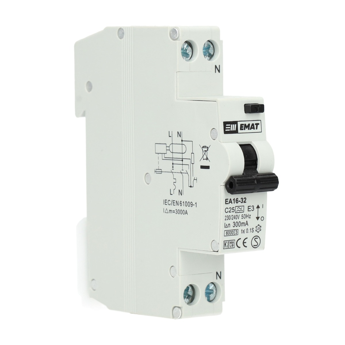 Miniatuur van EMAT differentieelautomaat 1-polig+nul 25A C-curve 300mA (85006021)