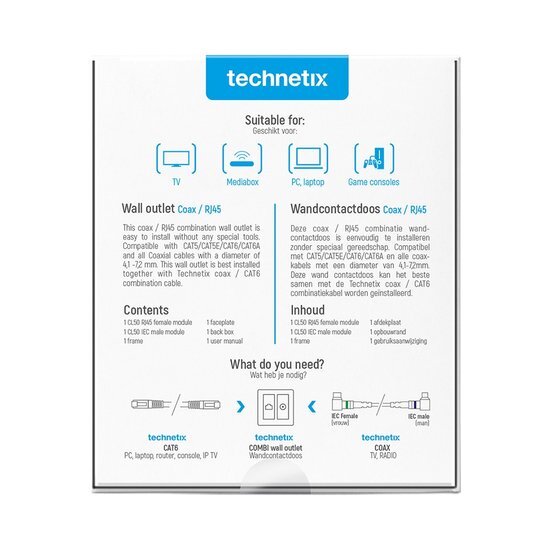 Miniatuur van Technetix universele wandcontactdoos RJ45 (CAT6) / coax combidoos opbouw/inbouw (incl. opbouwrand) - wit glanzend (CL50-COMBI-S)