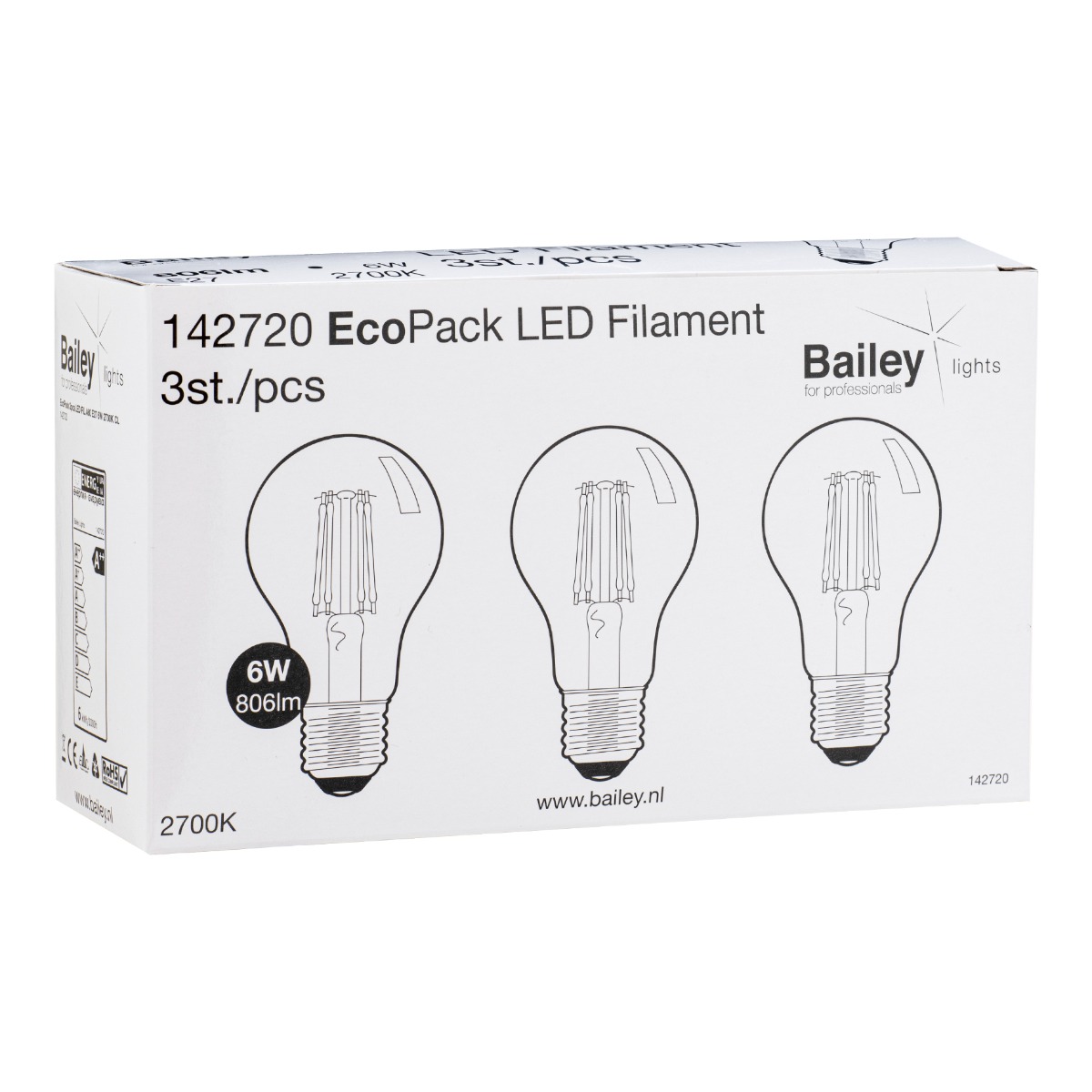 Miniatuur van Bailey LED lamp filament peer E27 6W 806lm warm wit 2700K 3stuks (142720)