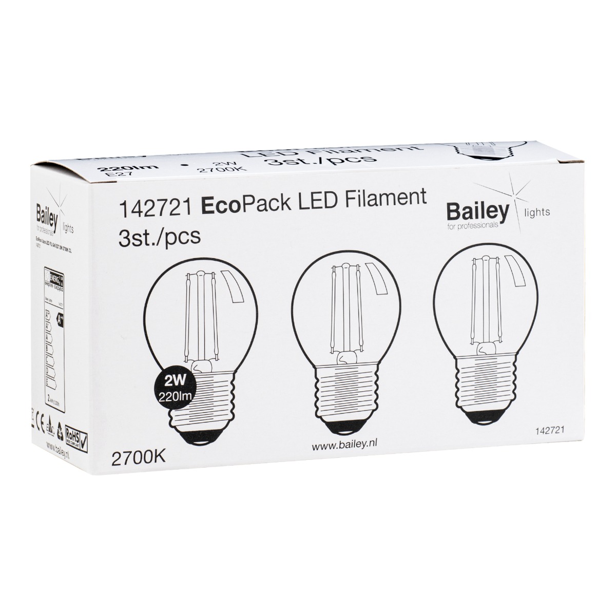 Miniatuur van Bailey LED lamp filament bol E27 2W 220lm warm wit 2700K 3 stuks (142721)