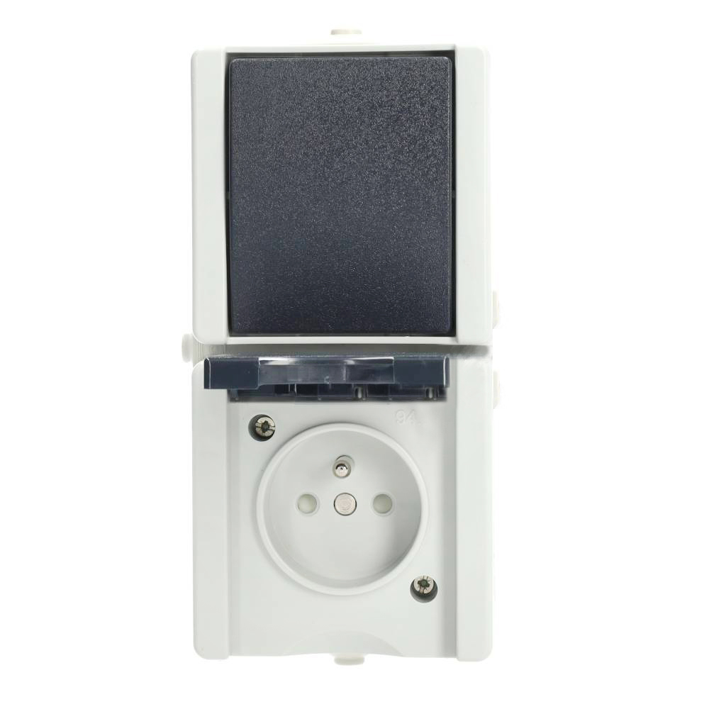 Miniatuur van EMhub Aquadro combinatie stopcontact met penaarde en shutter en wisselschakelaar spatwaterdicht IP44 verticaal - grijs (4088121)