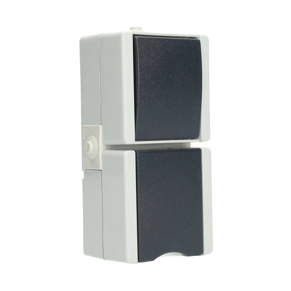 Miniatuur van EMhub Aquadro combinatie stopcontact met penaarde en shutter en wisselschakelaar spatwaterdicht IP44 verticaal - grijs (4088121)