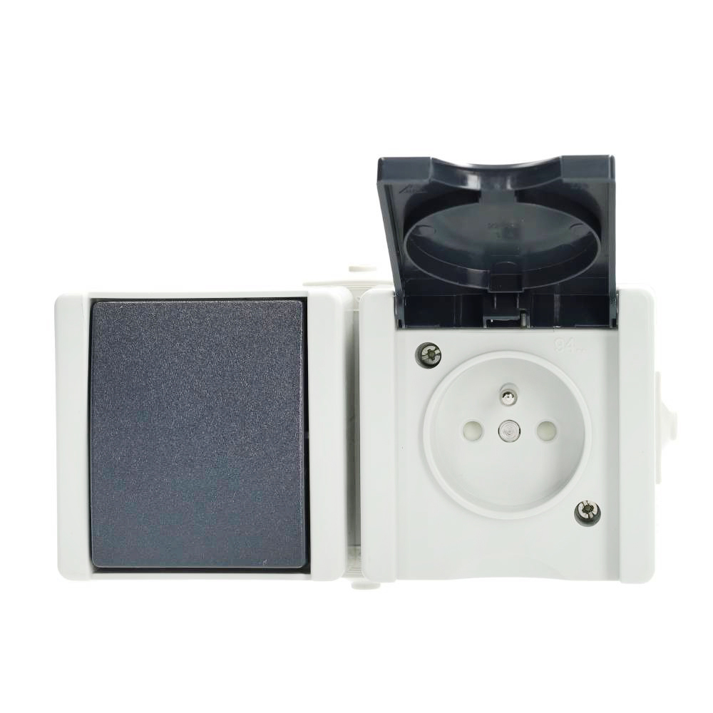 Miniatuur van EMhub Aquadro combinatie stopcontact met penaarde en shutter en wisselschakelaar spatwaterdicht IP44 horizontaal - grijs (4088122)