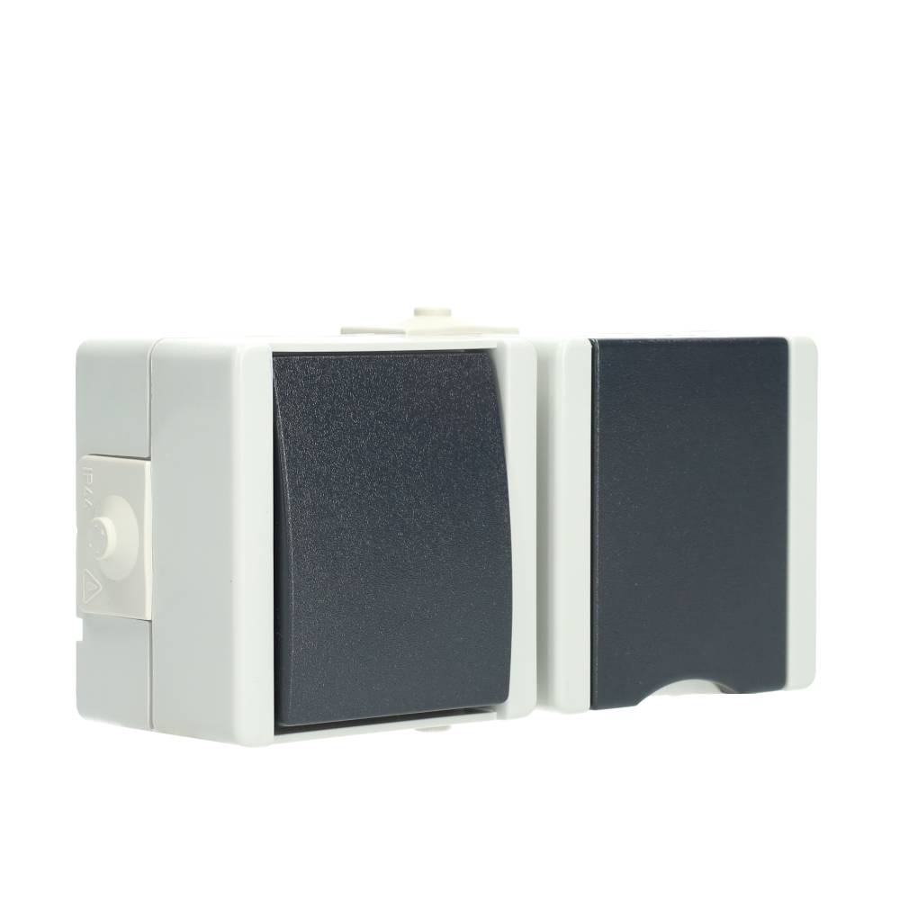 Miniatuur van EMhub Aquadro combinatie stopcontact met penaarde en shutter en wisselschakelaar spatwaterdicht IP44 horizontaal - grijs (4088122)