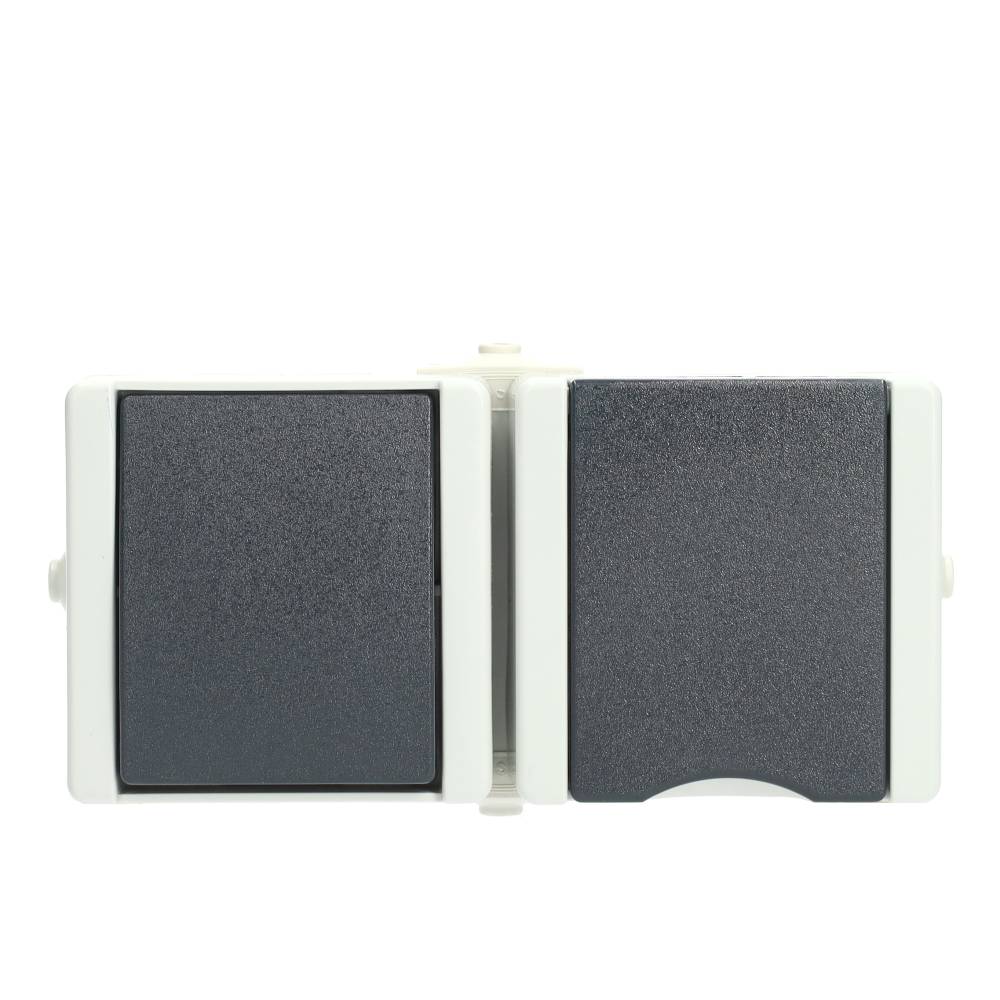 Miniatuur van EMhub Aquadro combinatie stopcontact met penaarde en shutter en wisselschakelaar spatwaterdicht IP44 horizontaal - grijs (4088122)