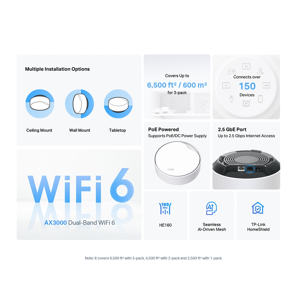 Miniatuur van TP-LINK mesh WiFi router PoE 574Mbps op 2.4GHz-band + 2402Mbps op 5GHz-band (Deco X50-PoE 3-pack)