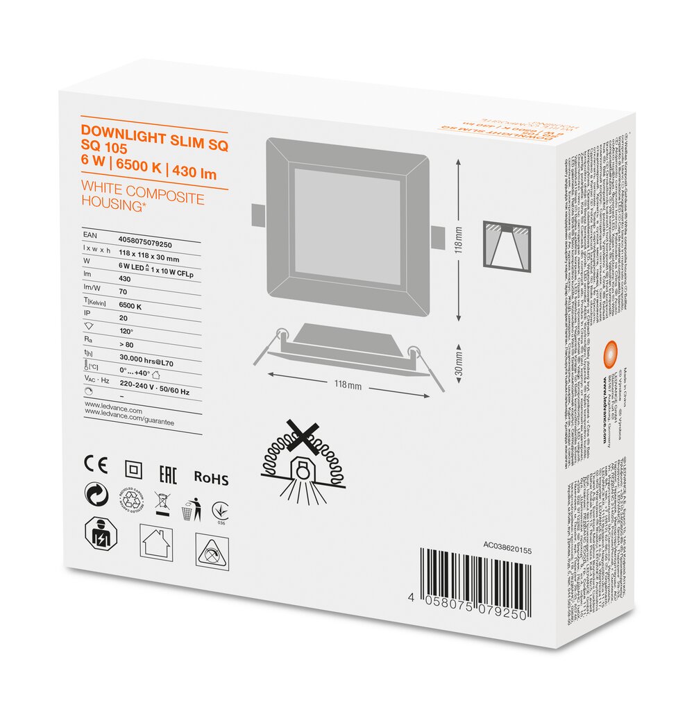 Miniatuur van Ledvance LED downlighter 6W 430lm dag licht 6500K zaagmaat Ø105mm 118x118mm - wit (4058075079250)