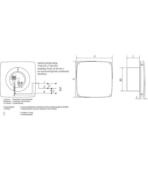 Miniatuur van WEHA inbouwventilator inox met timer en vochtsensor Ø100mm 100m3/h (20100408)