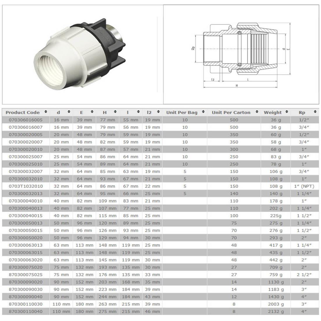 Miniatuur van Plasson overgangskoppeling van klem naar binnendraad 16mm x 1/2'' bin tyleen (7030-016012)