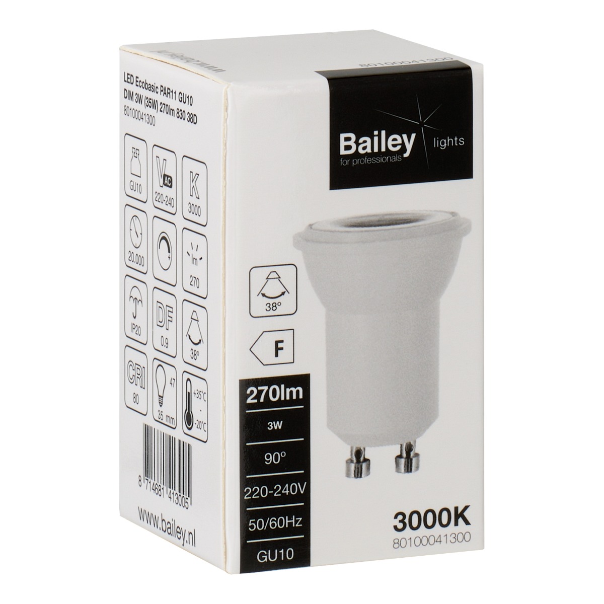 Miniatuur van Bailey LED spot GU10 3W 270lm warm wit 3000K dimbaar (80100041300)