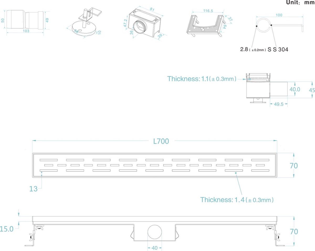 Miniatuur van Differnz douchegoot geborsteld RVS zonder flens 70x70x700mm - mat chroom (33.111.04)