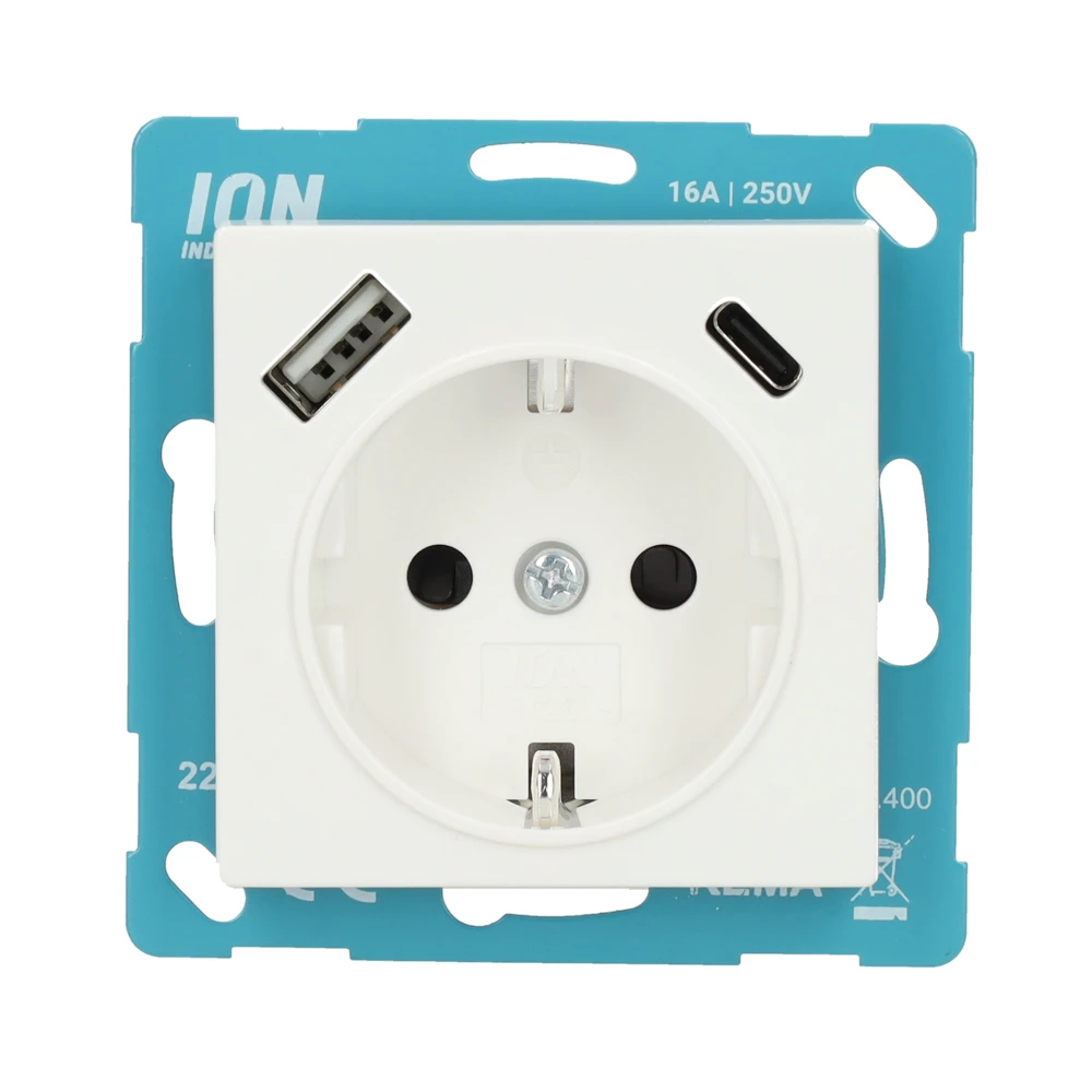 Miniatuur van ION industries stopcontact met randaarde en USB A + USB C met kinderbeveiliging - V1/J1 alpin wit glanzend (10.300.414)