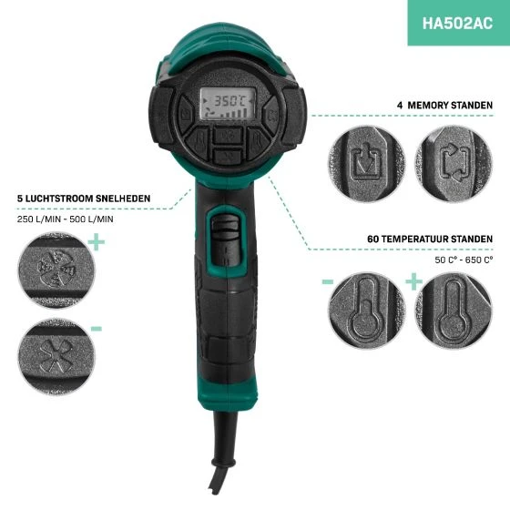 Miniatuur van VONROC heteluchtpistool met LCD display 50°C - 650°C 2000W 230V (HA502AC)
