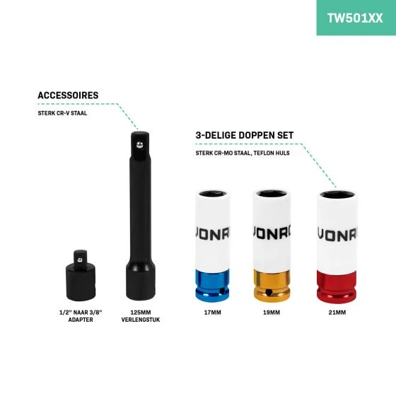 Miniatuur van VONROC momentsleutel 28-210 Nm 1/2" 470mm incl 17/19/21mm doppenset en verloop (TW501XX)