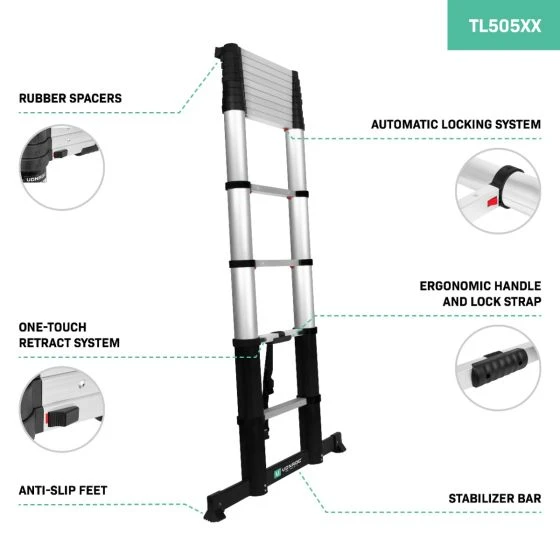 Miniatuur van VONROC telescoopladder PRO met softclose en dwarsbalk 3,8m (werkhoogte 4,4m) (TL505XX)