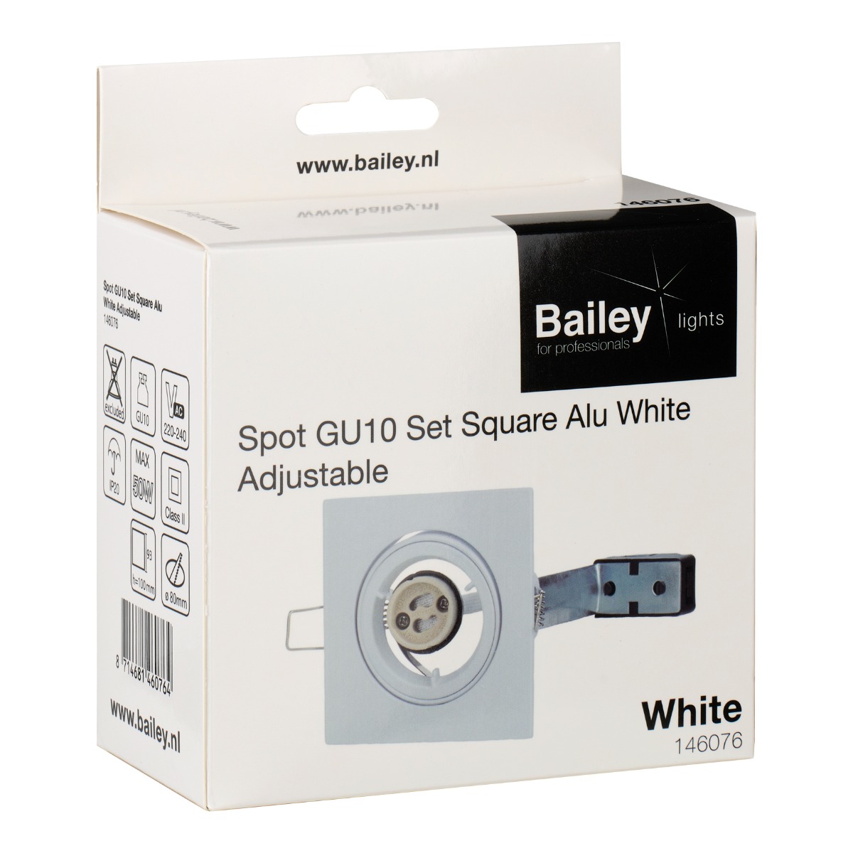 Miniatuur van Bailey inbouwspot vierkant kantelbaar wit GU10 zaagmaat Ø80mm - diameter 93mm (146076)