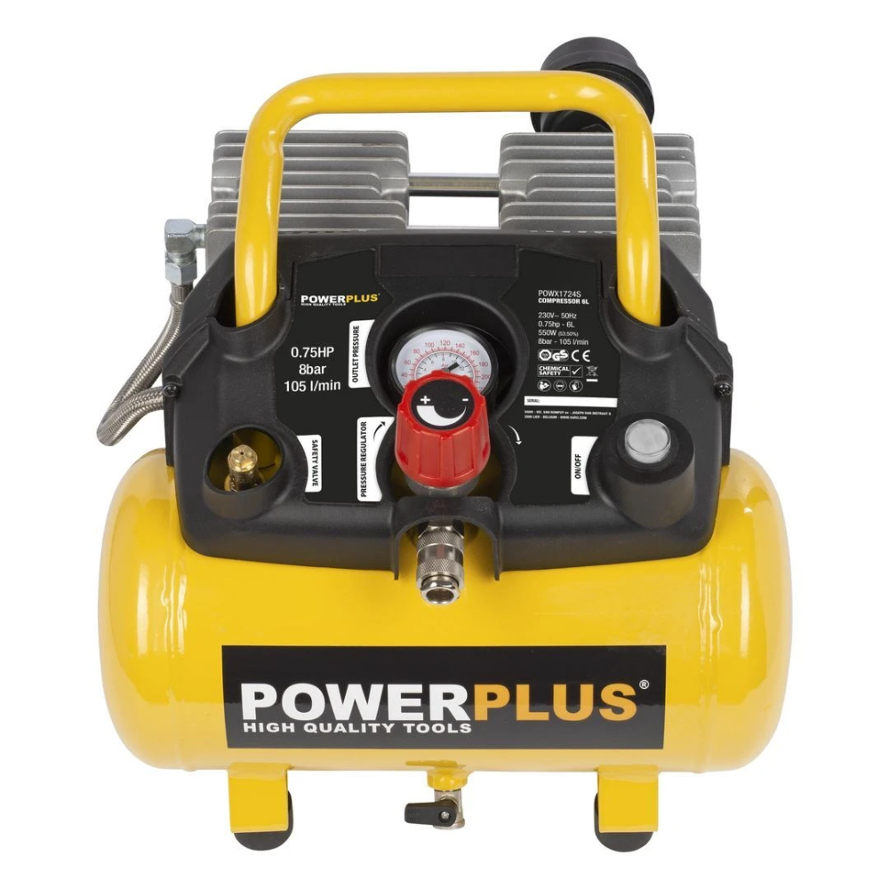 Miniatuur van PowerPlus compacte stille compressor olievrij met 6l tank 230V 550W 8 bar 105l/min - set met 9 accessoires (POWX1724S)