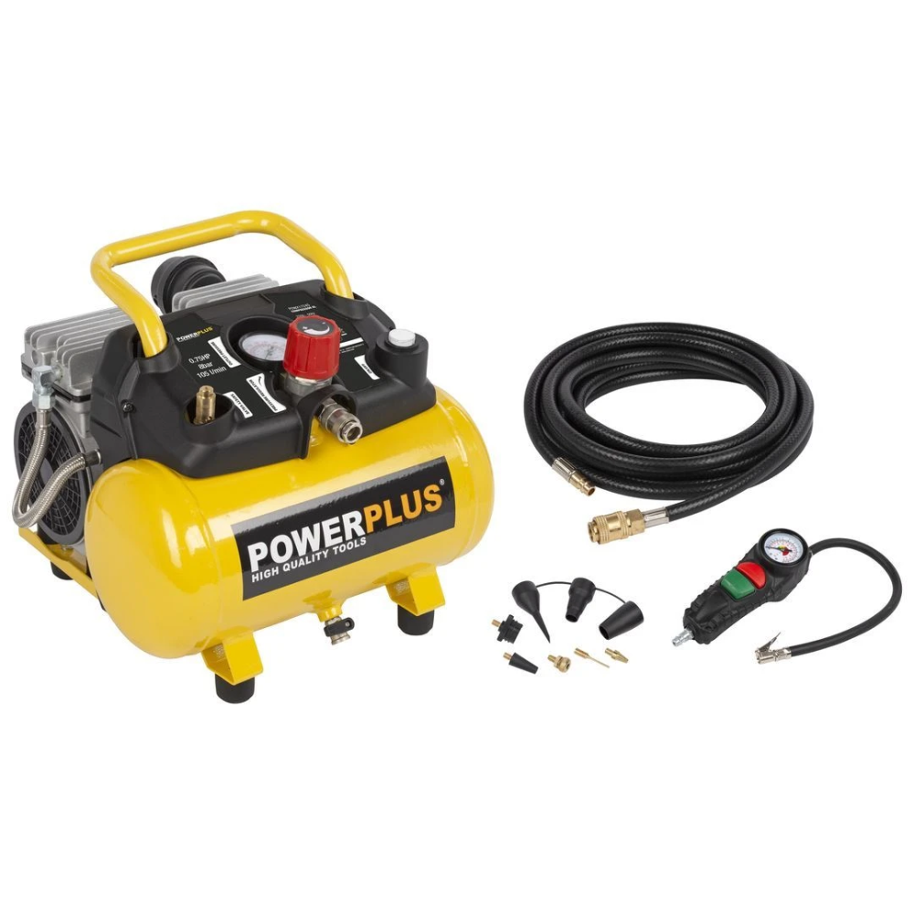 Miniatuur van PowerPlus compacte stille compressor olievrij met 6l tank 230V 550W 8 bar 105l/min - set met 9 accessoires (POWX1724S)