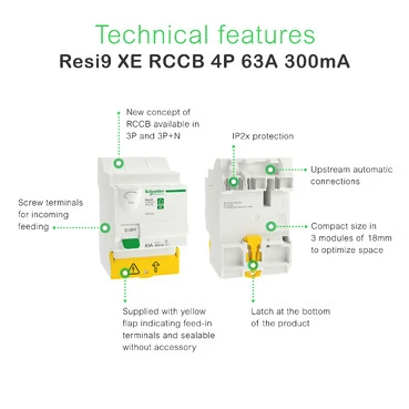 Miniatuur van Schneider Electric differentieelschakelaar inklikbaar 4-polig 63A 300mA - type A (R9RA4463)