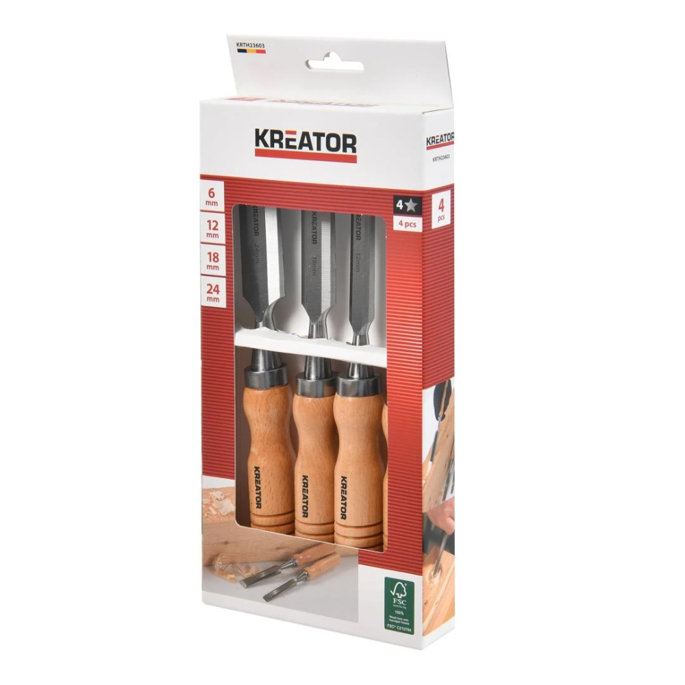 Miniatuur van Kreator steekbeitel houtbeitelset met houten handvat 6-24mm 250mm 4-delig (KRTH23603)