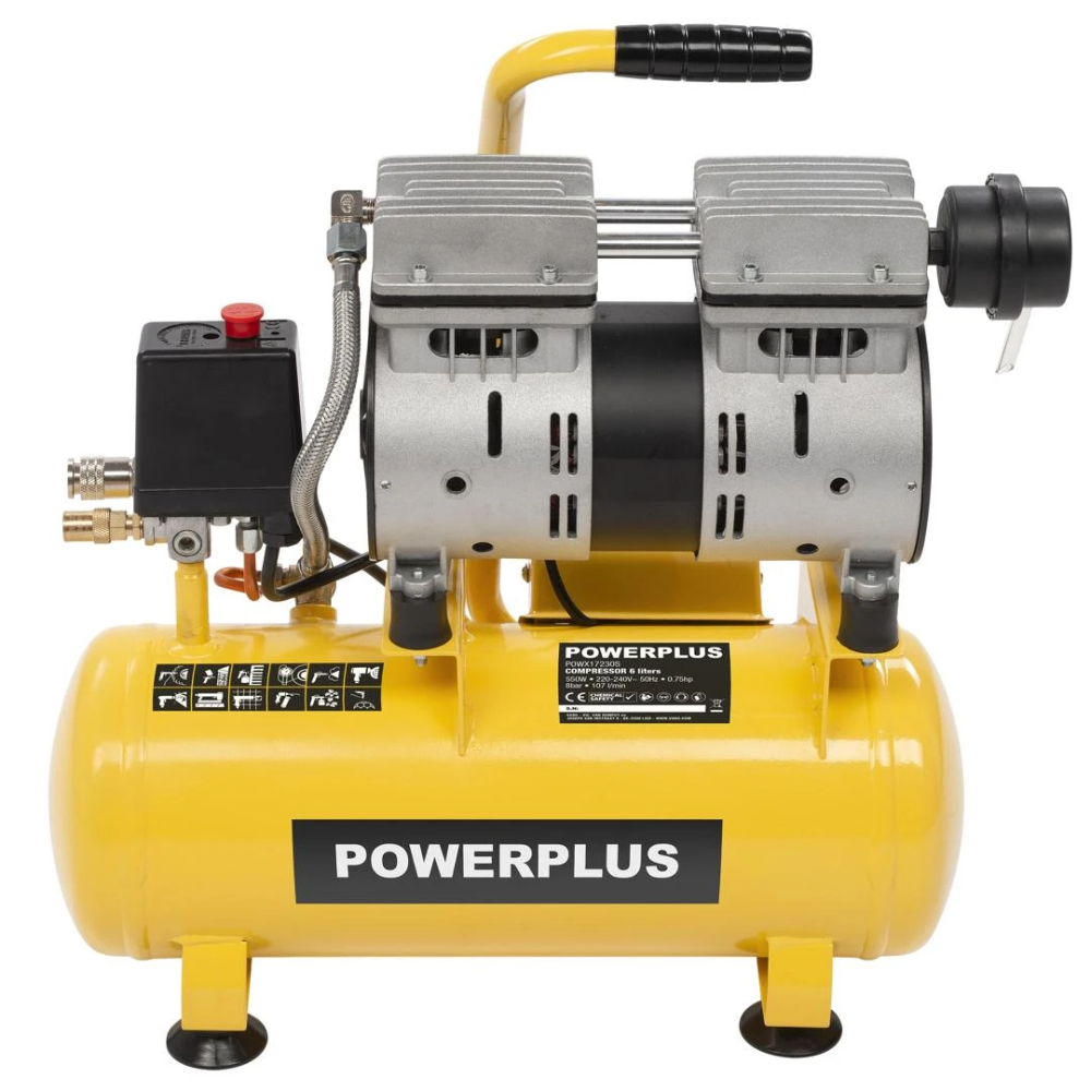 Miniatuur van PowerPlus stille compressor olievrij 6l tank 230V 550W 8bar 
105 l/min (POWX17230S)