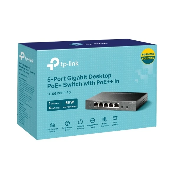 Miniatuur van TP-LINK desktop switch 5-poorts Gigabit 1× PoE++ in 4× PoE+ uit 66W (TL-SG1005P-PD)