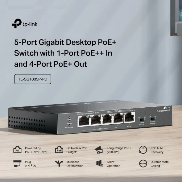 Miniatuur van TP-LINK desktop switch 5-poorts Gigabit 1× PoE++ in 4× PoE+ uit 66W (TL-SG1005P-PD)