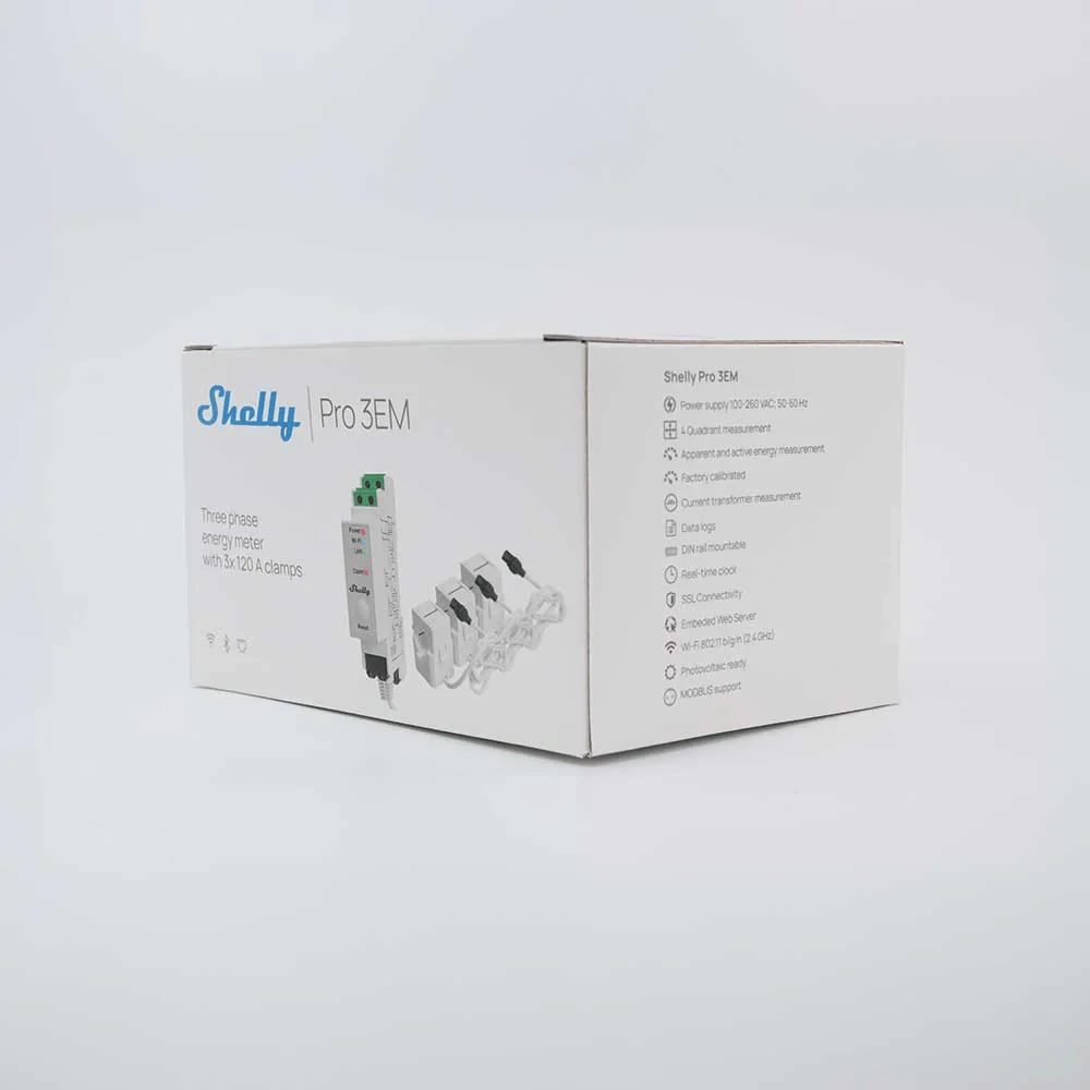 Miniatuur van Shelly Pro 3EM 120A V2 energiemeter 3-fase met 3x CT klem 120A DIN-rail