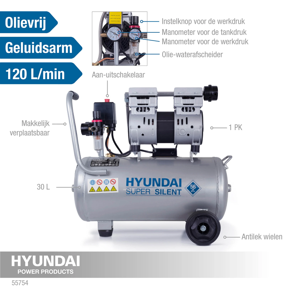 Miniatuur van Hyundai stille compressor 30L 124L/min 750W tot 8 bar 55dB(A) Super Silent (55754)