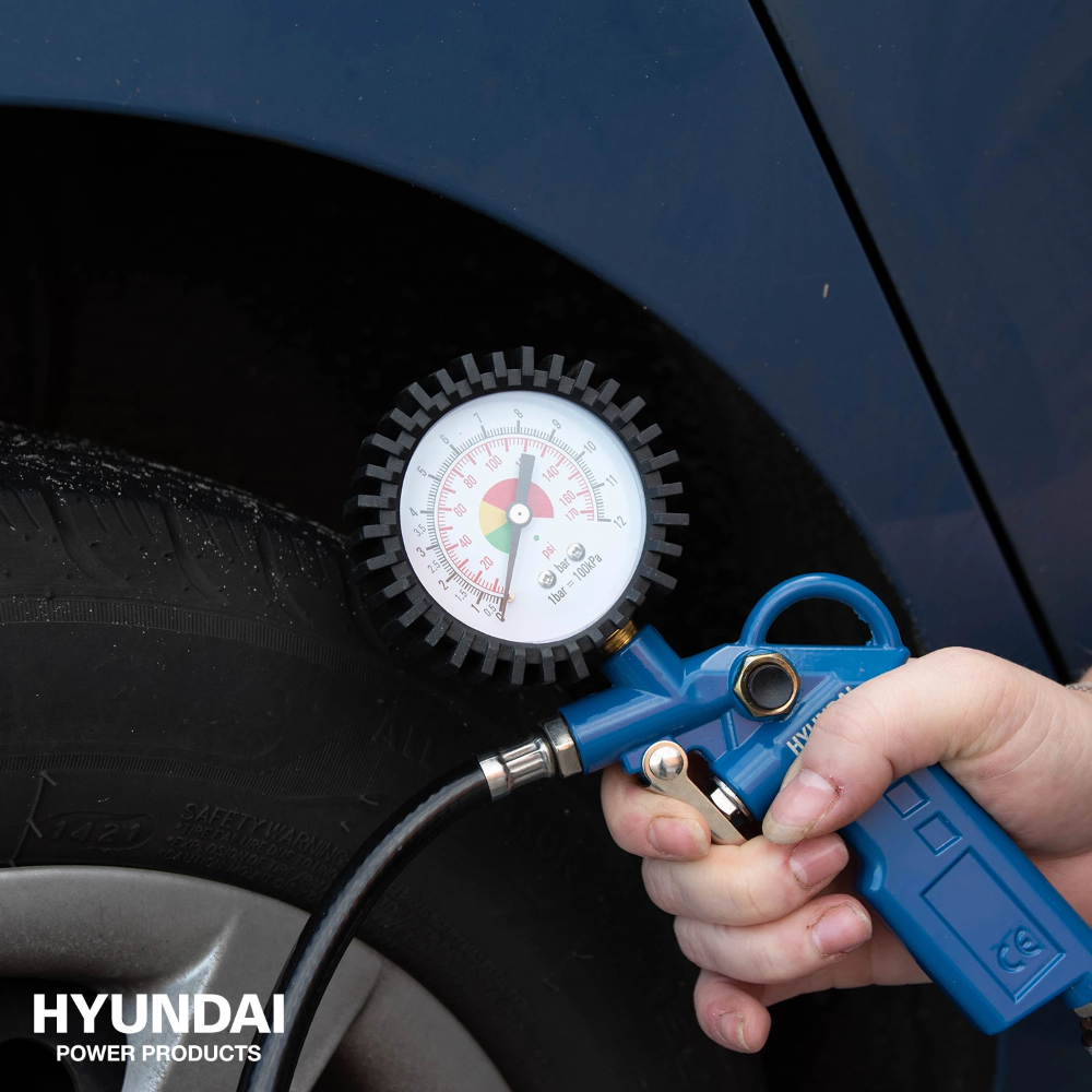 Miniatuur van Hyundai accessoires compressor verfspuit vloeistofspuit bandenvulpistool blaaspistool en slang 5-delig (55901)