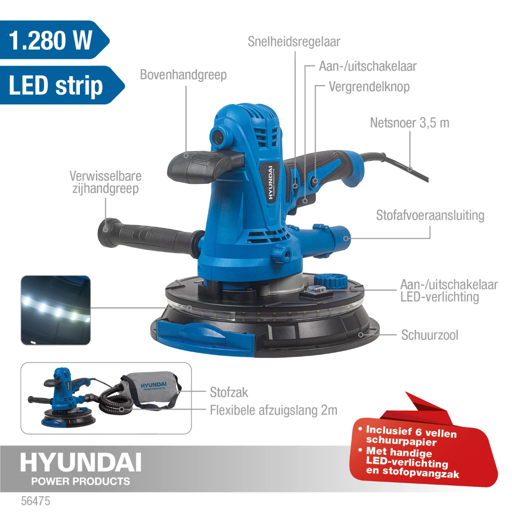 Miniatuur van Hyundai wandschuurmachine met LED verlichting 230V 1280W Ø225mm (56475)