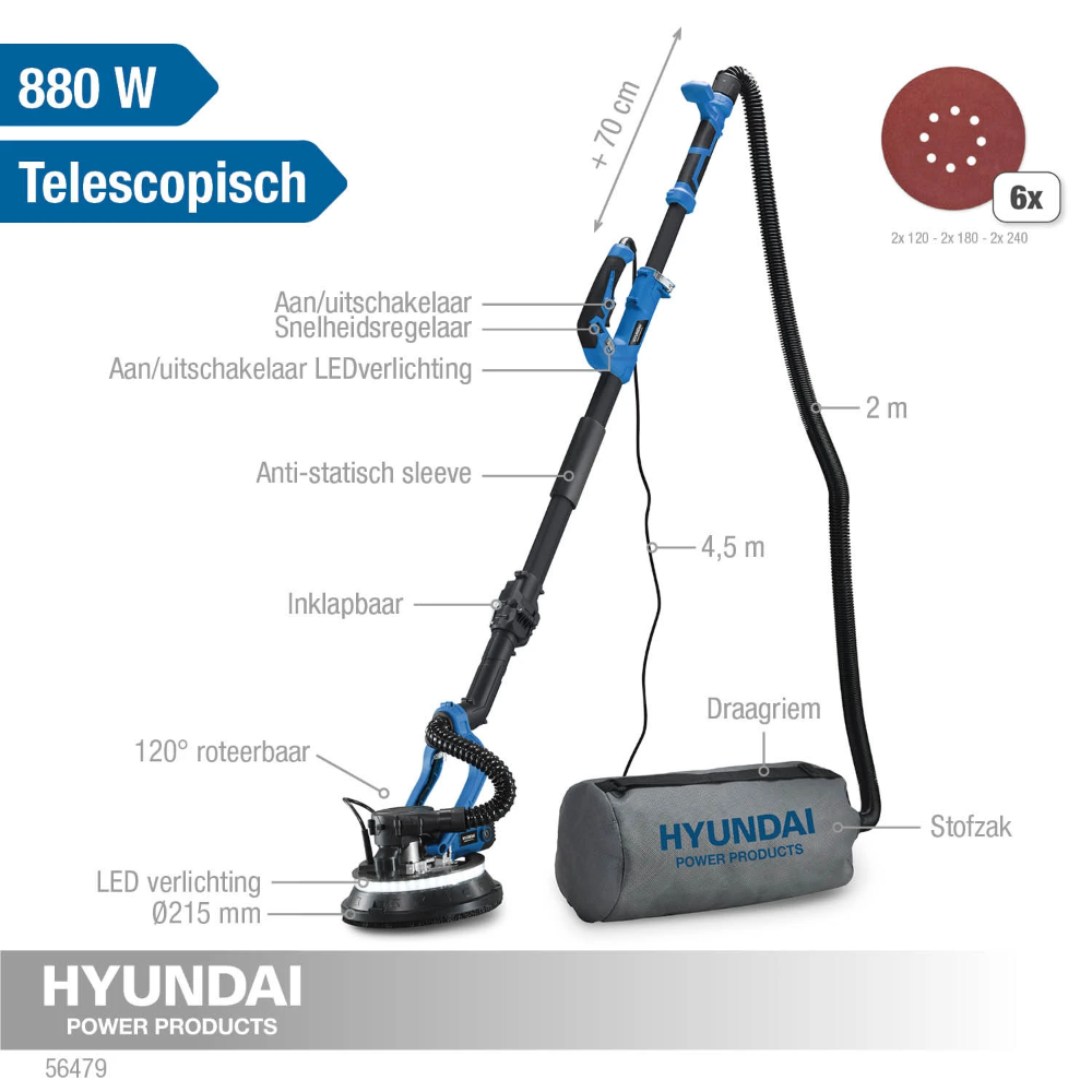 Miniatuur van Hyundai langnek telescopische schuurmachine met LED verlichting 230V 880W Ø225mm (56479)