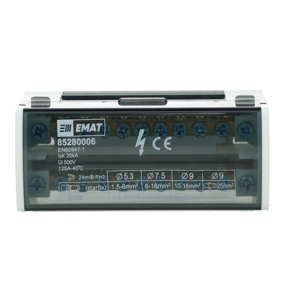 Miniatuur van EMAT aansluitblok 2-polig 11 aansluitingen 125A DIN-rail (85280006)