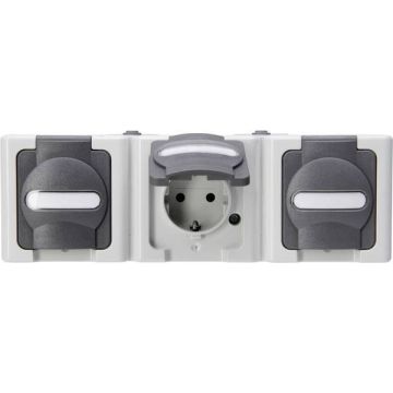 Kopp blue electric stopcontact IP44 horizontaal met deksel en randaarde 3-voudig opbouw grijs