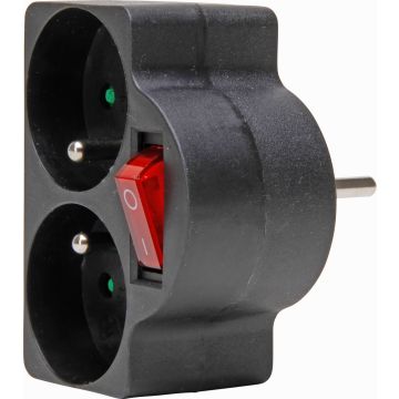 Kopp adapter verloopstekker domino met schakelaar 2-voudig met penaarde kinderbeveiliging - zwart (705205005)