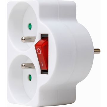 Kopp adapter verloopstekker domino met schakelaar 2-voudig met penaarde kinderbeveiliging - wit (705213002)