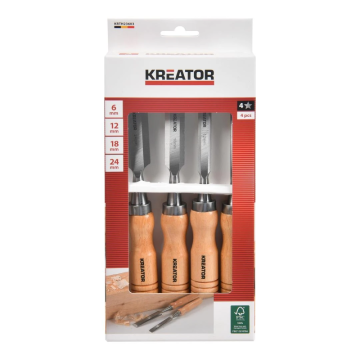 Kreator steekbeitel houtbeitelset met houten handvat 6-24mm 250mm 4-delig (KRTH23603)