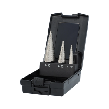 Labor stappenboor 1x ø4-12mm, 1x ø4-20mm en 1x ø6-30mm HSS-Geslepen - set 3 delig (AZ910003)
