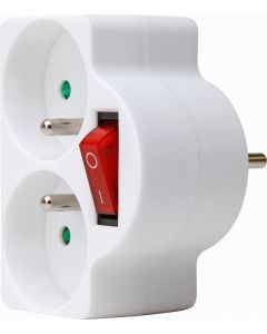 Kopp adapter verloopstekker domino met schakelaar 2-voudig met penaarde kinderbeveiliging - wit