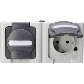 Kopp blue electric stopcontact IP44 horizontaal met deksel en randaarde 2-voudig opbouw grijs