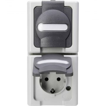 Kopp blue electric stopcontact IP44 verticaal met deksel en randaarde 2-voudig opbouw grijs