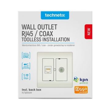 Technetix universele wandcontactdoos RJ45 (CAT6) / coax combidoos opbouw/inbouw (incl. opbouwrand) - wit glanzend (CL50-COMBI-S)