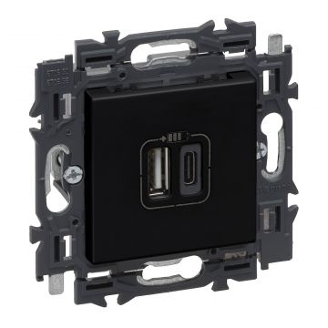 Legrand stopcontact 2x USB A + C volledig apparaat 3000mA met spanklauwen - Valena Next Zwart Gefumeerd (741736)