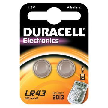Duracell knoopcel batterijen alkaline LR43 1,5V - verpakking 2 stuks (D052581)